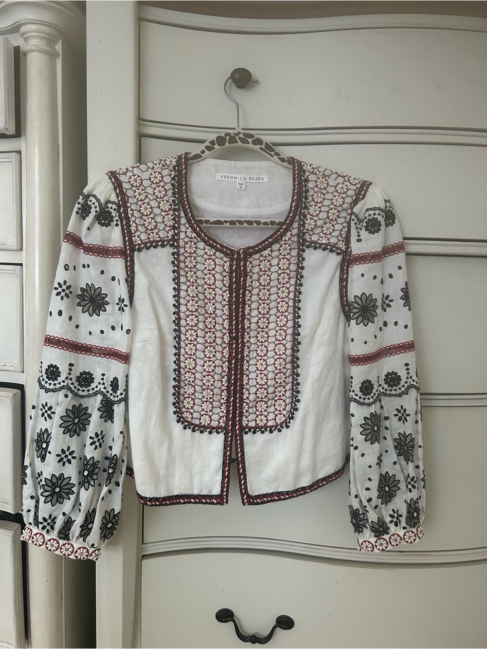 Veronica Beard White Embroidered Jacket with Burgundy and Black Accents - Picture 2 of 10
